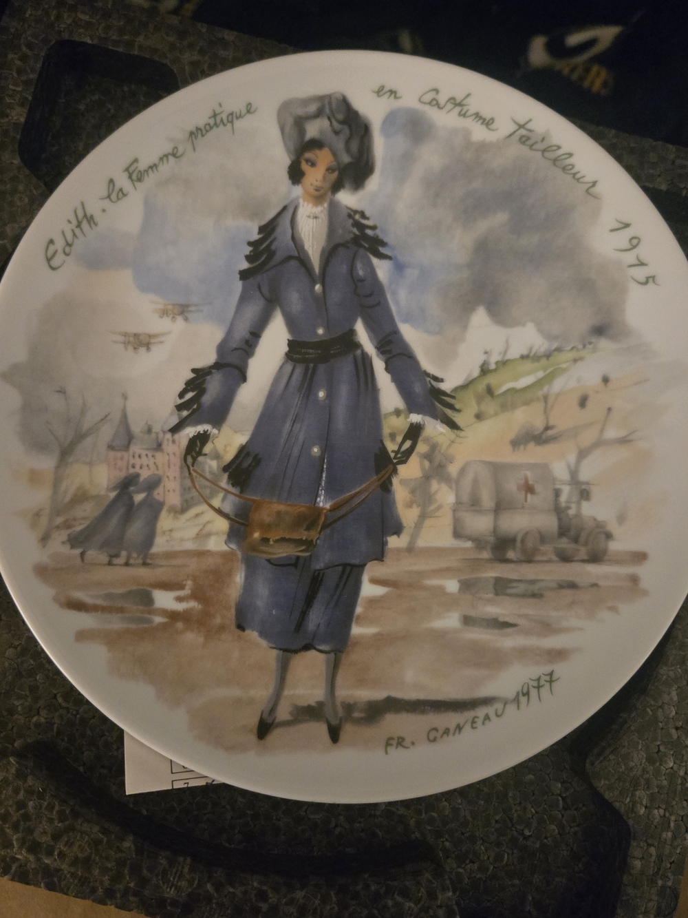 Vintage Decorative Plate Featuring Fashion Illustration in Blue